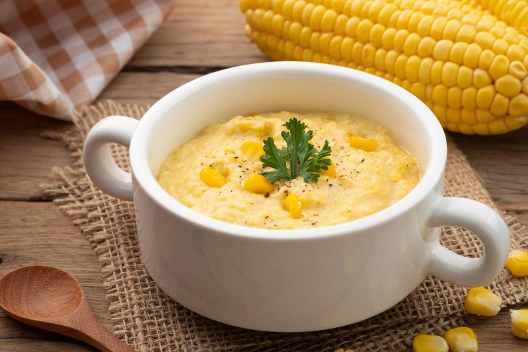 Creamy,Corn,Pottage,Soup,On,White,Bowl,healthy,Food,Style