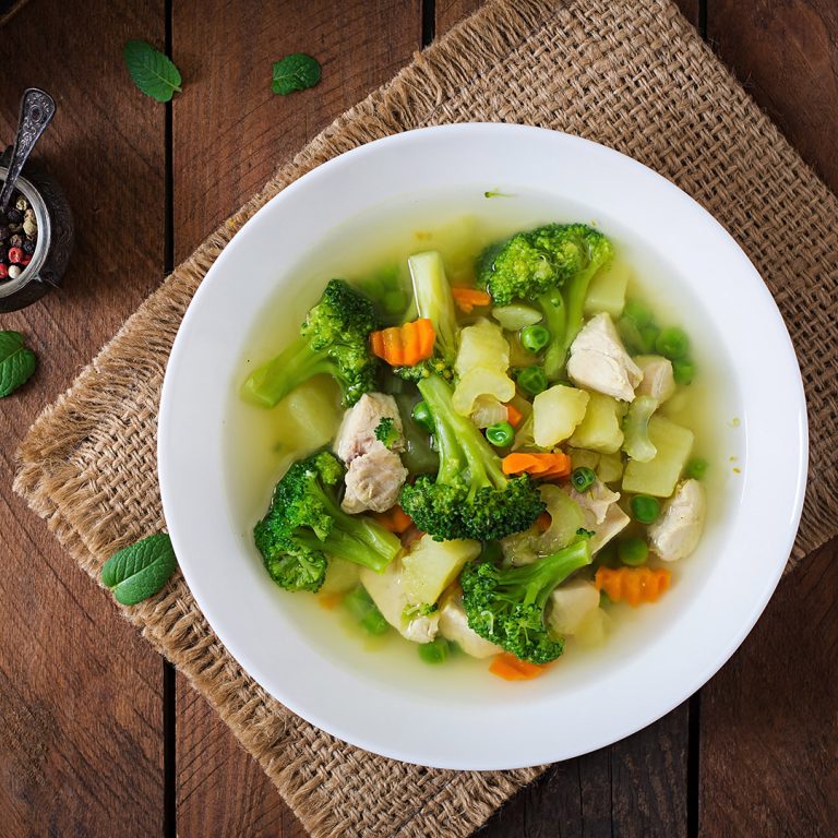 Chicken,Soup,With,Broccoli,,Green,Peas,,Carrots,And,Celery,In