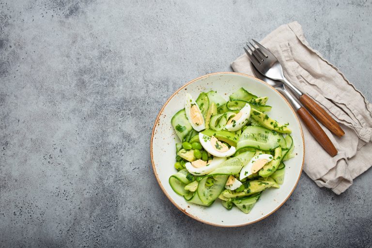 Healthy,Green,Avocado,Salad,Bowl,With,Boiled,Eggs,,Sliced,Cucumbers,