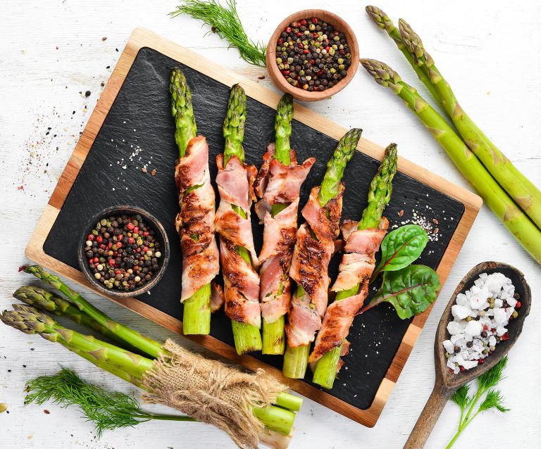 Asparagus,Baked,With,Bacon,And,Spices.,Healthy,Food.,Top,View