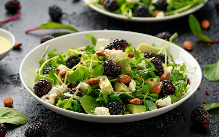 Blackberry,Salad,With,Greens,,Almond,Nuts,,Feta,,Avocado,And,Feta