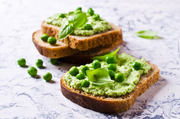 Sandwich,With,Green,Pea,Puree,And,Basil.,Selective,Focus
