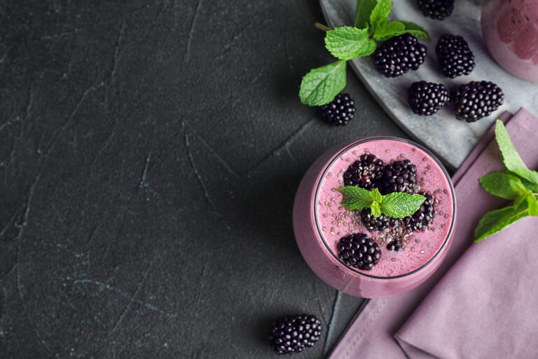 Flat,Lay,Composition,With,Glass,Of,Delicious,Blackberry,Smoothie,On