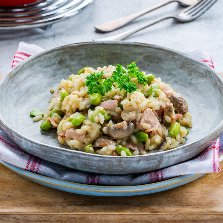 Bacon,And,Mushroom,Risotto,With,Edamame,Beans