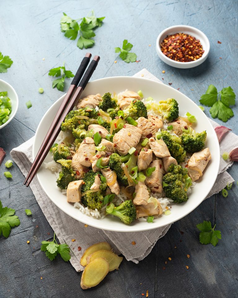 Stir,Fried,Chicken,And,Broccoli,With,Rice,In,White,Plate