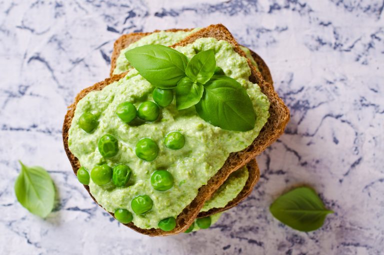 Sandwich,With,Green,Pea,Puree,And,Basil.,Selective,Focus
