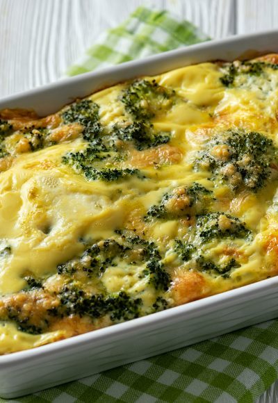 Broccoli casserole with eggs and cheese, vegetarian food.