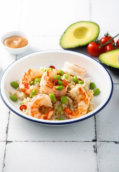 Rice bowl with shrimps and edamame beans