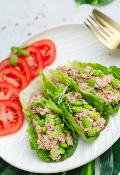 Super healthy low carb nutritious paleo breakfast - filled green salad leaves with tuna, chilli and edamame beans, served with side tomatoes on a white plate