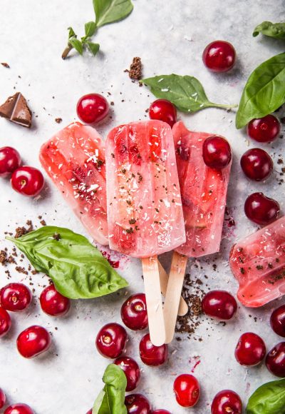 Homemade Vegan Cherry Popsicles with Coconut Milk. Summer food concept top view