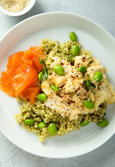 Green couscous with salmon, eggs and edamame beans